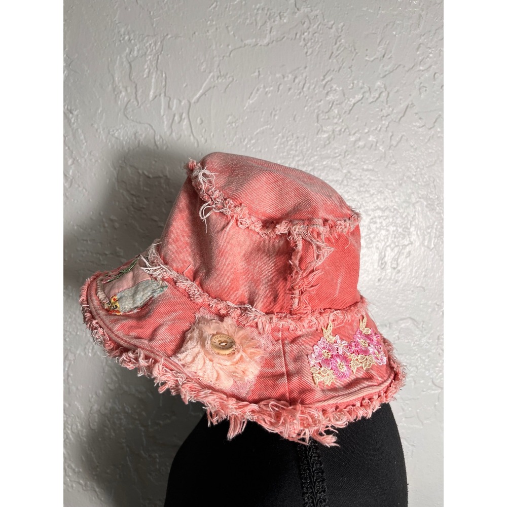 Handmade Pink Denim Distressed Bucket Hat Patchwork‎ Floral Lace Cottagecore Y2K